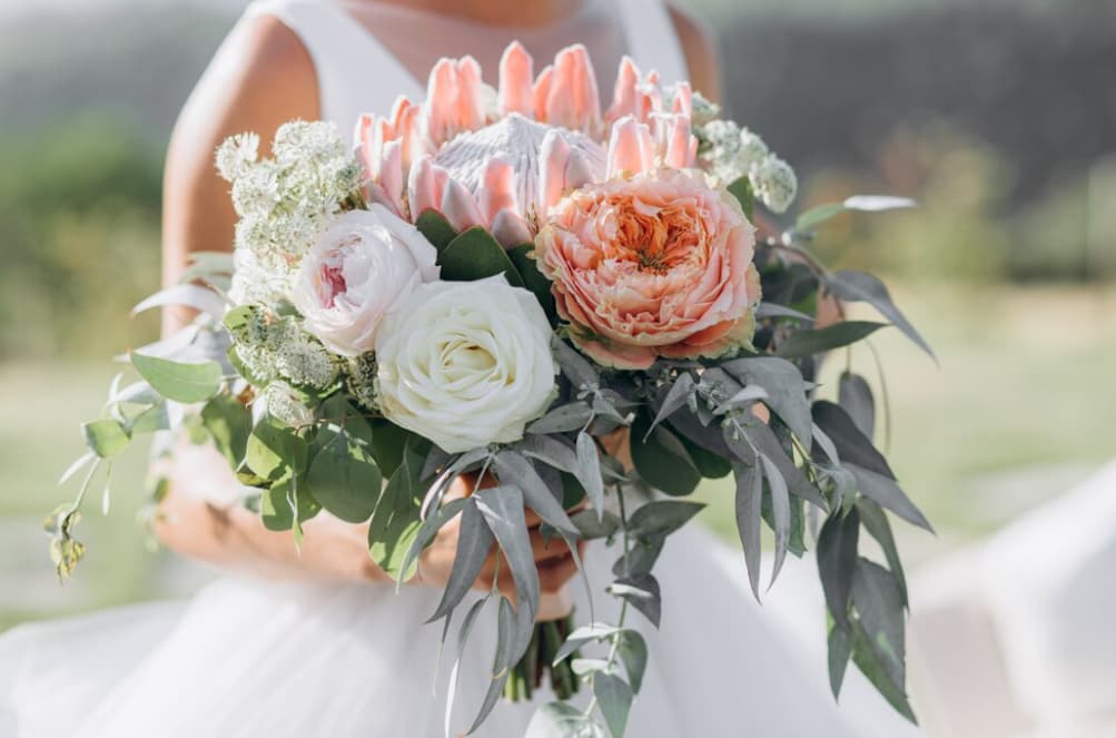 Bride with a bouquet of pink, white, and green blooms